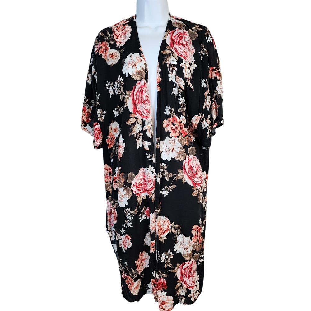 COMO VINTAGE Size S/M Black Short Sleeve Kimono Duster Longline Floral Roses EUC